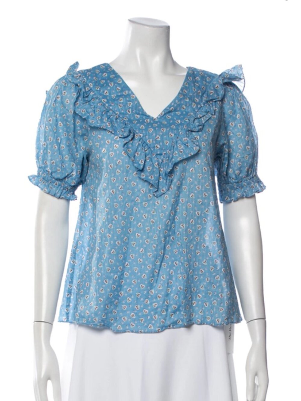 LoveShackFancy Blue Ruffle Sleeve Top in Strawberry, Small